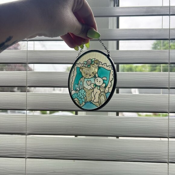 Joan Baker Designs Stained Glass Sun Catcher 3.5” Hand Painted Bear Bunnies Blue - Picture 3 of 6
